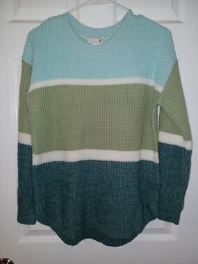 SO Striped Crewneck Sweater in Mint, Olive & Teal